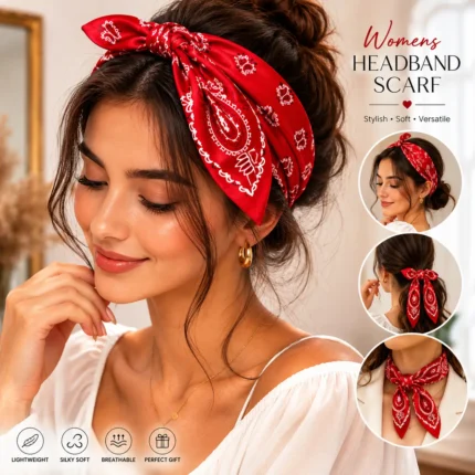 Headband Scarf for Women in red paisley satin fabric